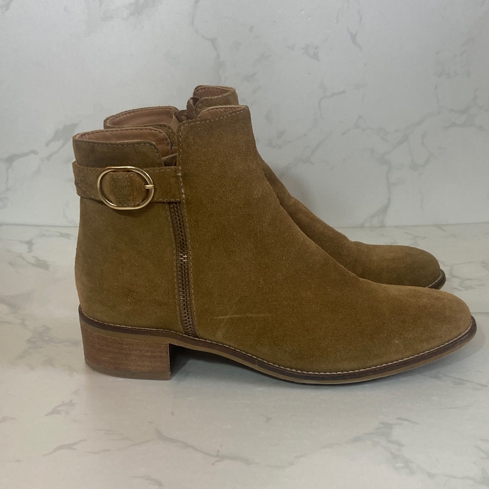 Aquatalia Women's Suede Ankle Booties Brown Buckle Zip 8.5 Low Heel Italian